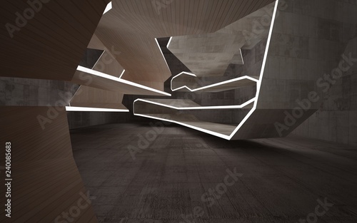 Empty abstract room interior of sheets wood and brown concrete. Architectural background. Night view of the illuminated. 3D illustration and rendering