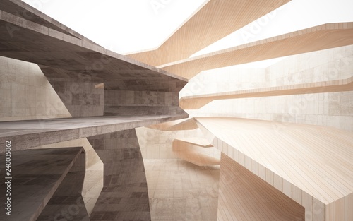 Abstract interior of brown concrete and wood. Architectural background. 3D illustration and rendering 