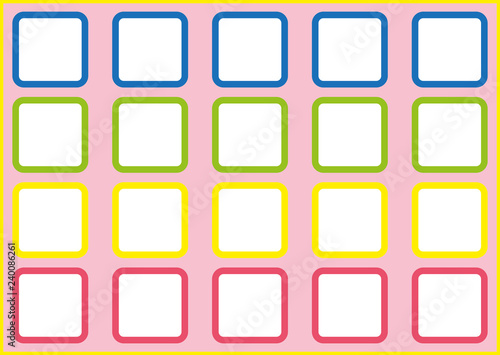 twenty rounded squares with a white background inside, in four rows and five columns, on a pink background