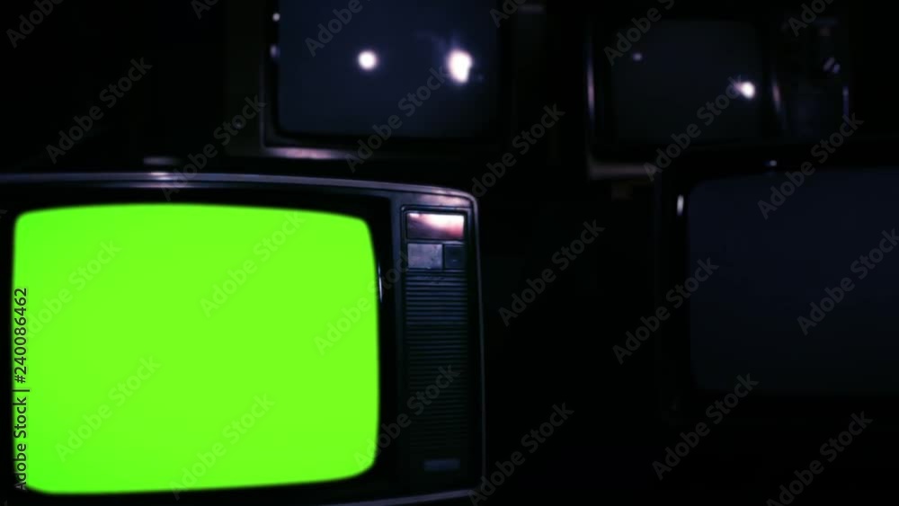 Vintage Television Turning On Green Screen. Zoom Out. Dark Tone. You can replace green screen