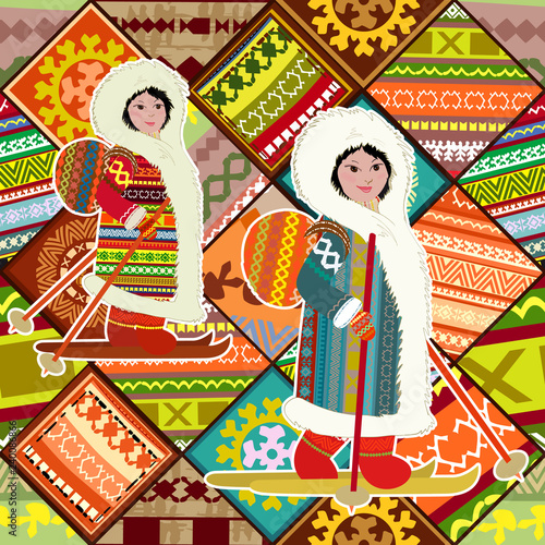 colorful patchwork seamless pattern with application happy northern girls  for your design of pillow