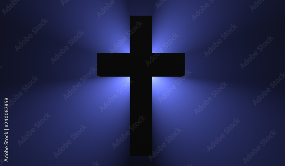 Christian cross in the fog is highlighted from behind. Christian cross in the fog is highlighted from behind.