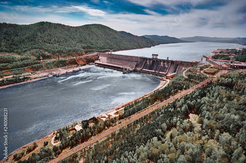 Aerial view of Hydroelectric power station in Krasnoyarsk. Top view from air. photo