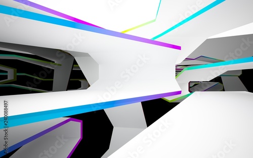 Abstract white and colored gradient interior of the future  with glossy black wall and floor. 3D illustration and rendering