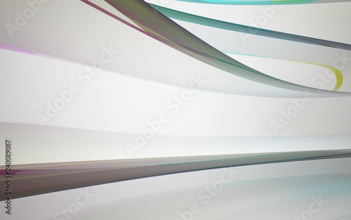 White smooth abstract architectural background whith colored gradient lines . 3D illustration and rendering © SERGEYMANSUROV