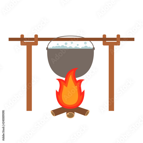 Marching hunting kettle kettle boiling water. Fire burning firewood. Element design camping tourist marching stock.Hunter equipment, armament.Camping pot bonfire outdoor cooking soup cauldron.
