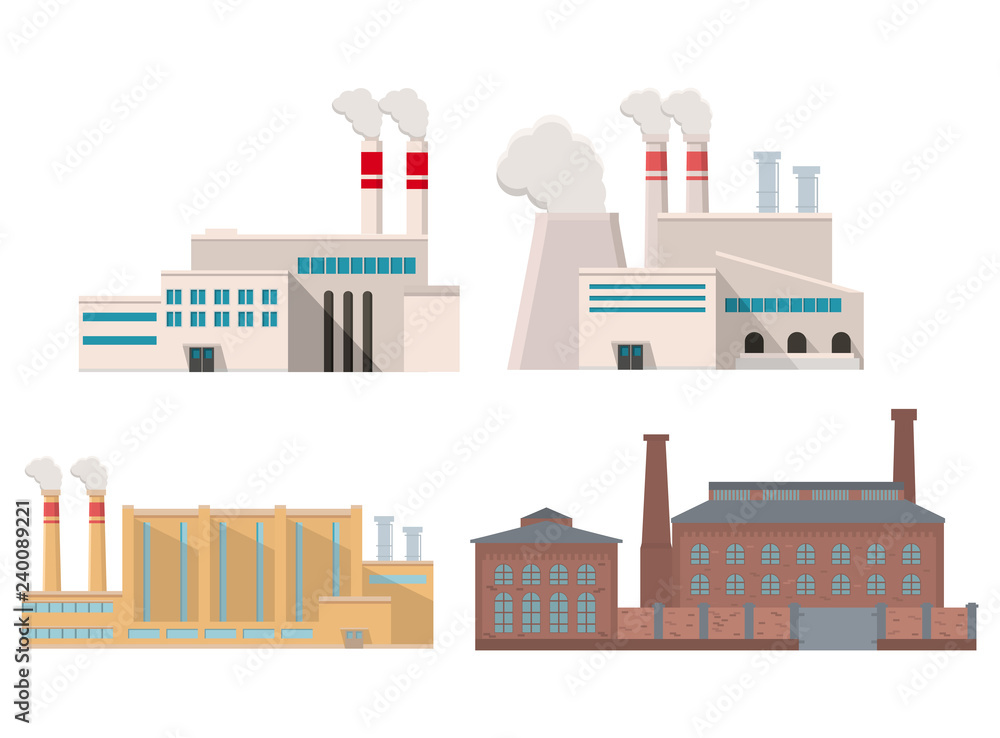 Industrial factory in flat style a vector an illustration.Plant or Factory Building.road tree window facade.Manufacturing factory building. industrial building concept.Eco style factory.City landscape Industrial factory in flat style a vector an illustration.Plant or Factory Building.road tree window facade.Manufacturing factory building. industrial building concept.Eco style factory.City landscape