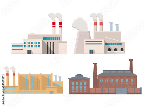 Industrial factory in flat style a vector an illustration.Plant or Factory Building.road tree window facade.Manufacturing factory building. industrial building concept.Eco style factory.City landscape