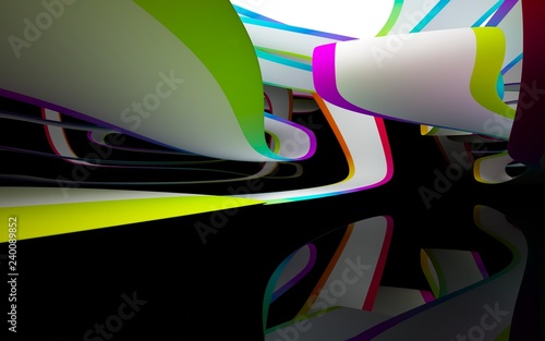 Abstract dynamic interior with colored gradient smooth objects and black room . 3D illustration and rendering