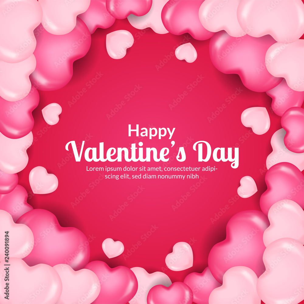 Valentine day banner greeting card template with 3D hearth shape frame. vector illustration