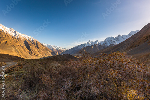 Landscape of snow capped mountain range. A view from the glacier, Babusar Pass, Khyber Pakhtunkhwa, Gilgit Baltistan, Northern Pakistan.