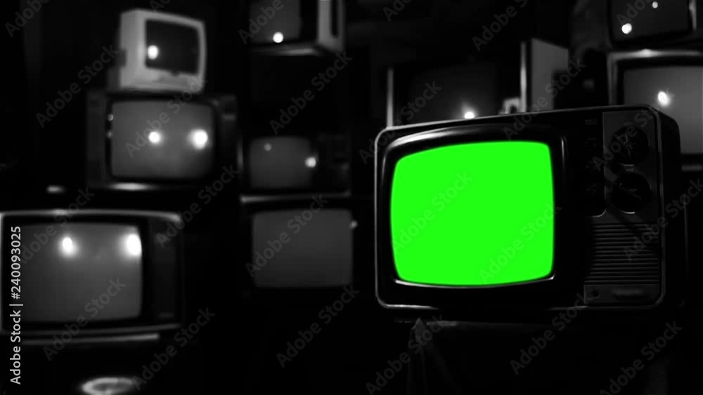 Retro TV with Green Screen and many Old Tvs. Black and White Tone. Zoom