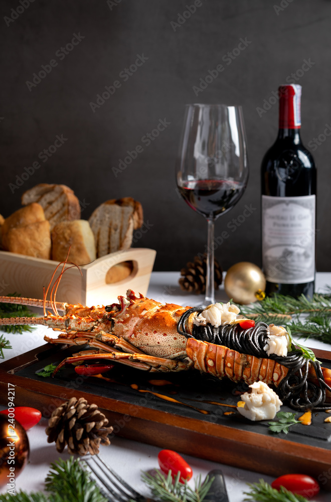 Luxury dinner menu grilled lamb, pasta lobster during Christmas and New