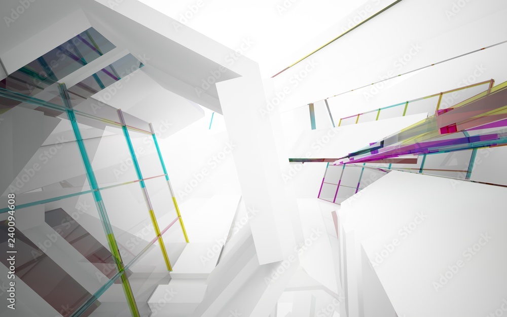 Obraz premium abstract architectural interior with white sculpture and geometric gradient glass lines. 3D illustration and rendering