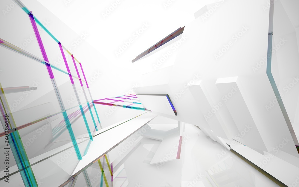 abstract architectural interior with white sculpture and geometric gradient glass lines. 3D illustration and rendering abstract architectural interior with white sculpture and geometric gradient glass lines. 3D illustration and rendering