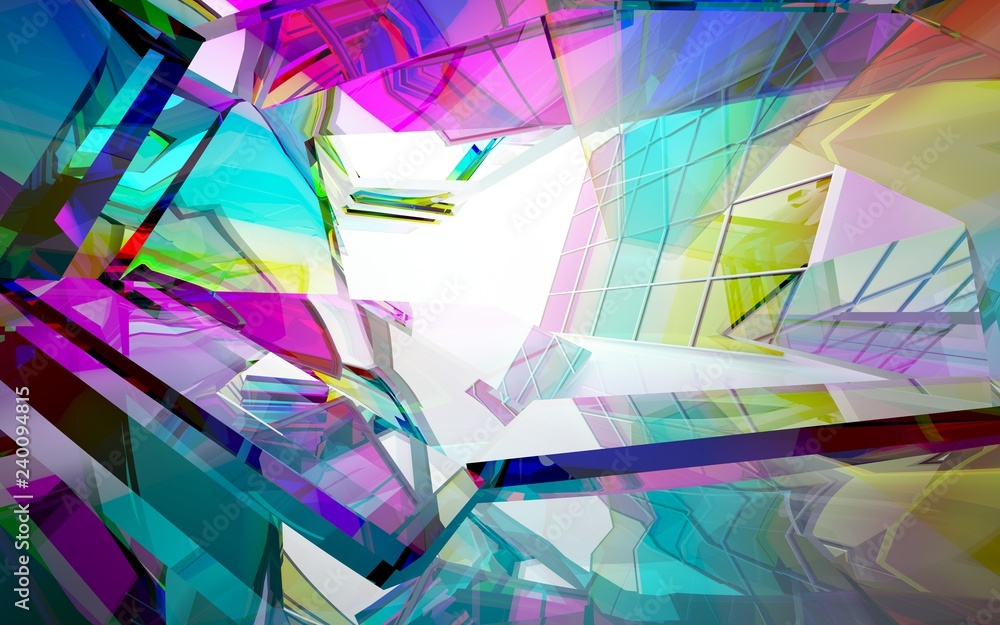abstract architectural interior with gradient geometric glass sculpture. 3D illustration and rendering