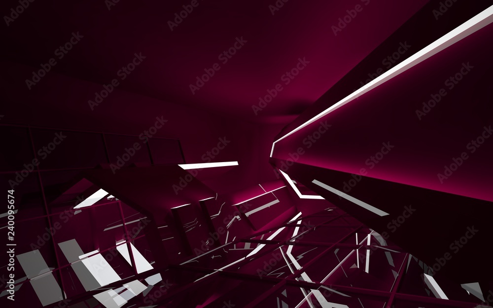 Abstract interior of the future in a minimalist style with red colored sculpture. Night view . Architectural background. 3D illustration and rendering