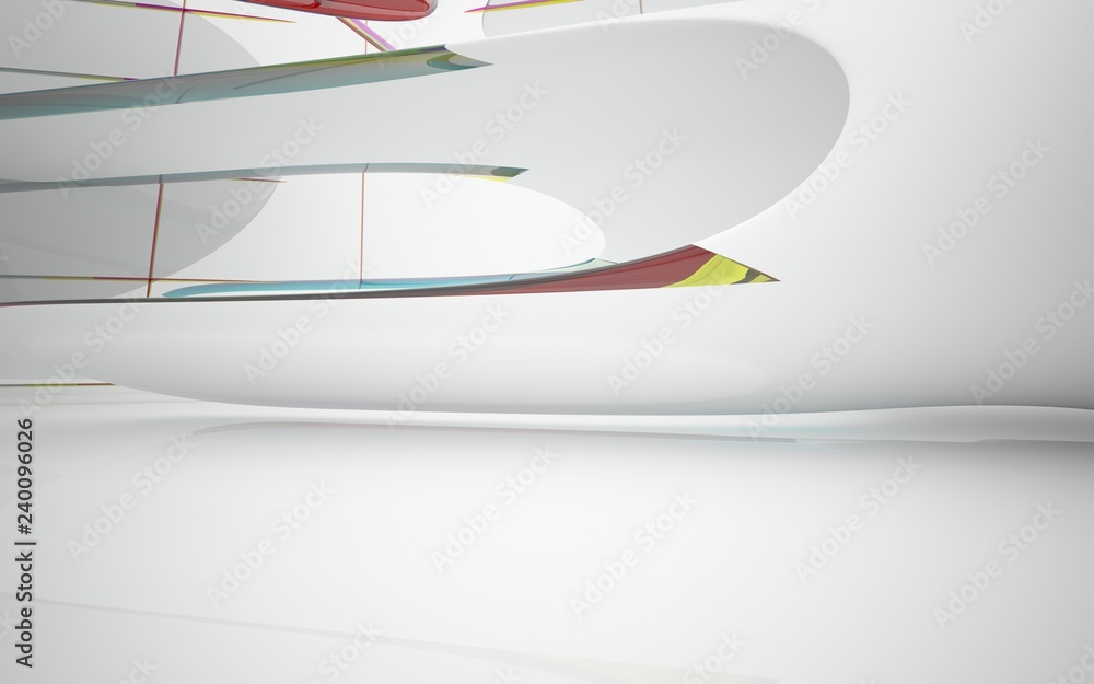 White smooth abstract architectural background whith colored gradient lines . 3D illustration and rendering White smooth abstract architectural background whith colored gradient lines . 3D illustration and rendering