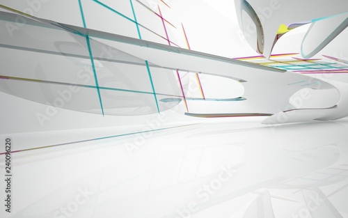 White smooth abstract architectural background whith colored gradient lines . 3D illustration and rendering photo