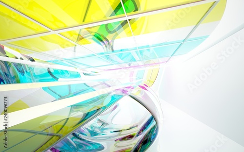 abstract architectural interior with colored smooth glass sculpture. 3D illustration and rendering