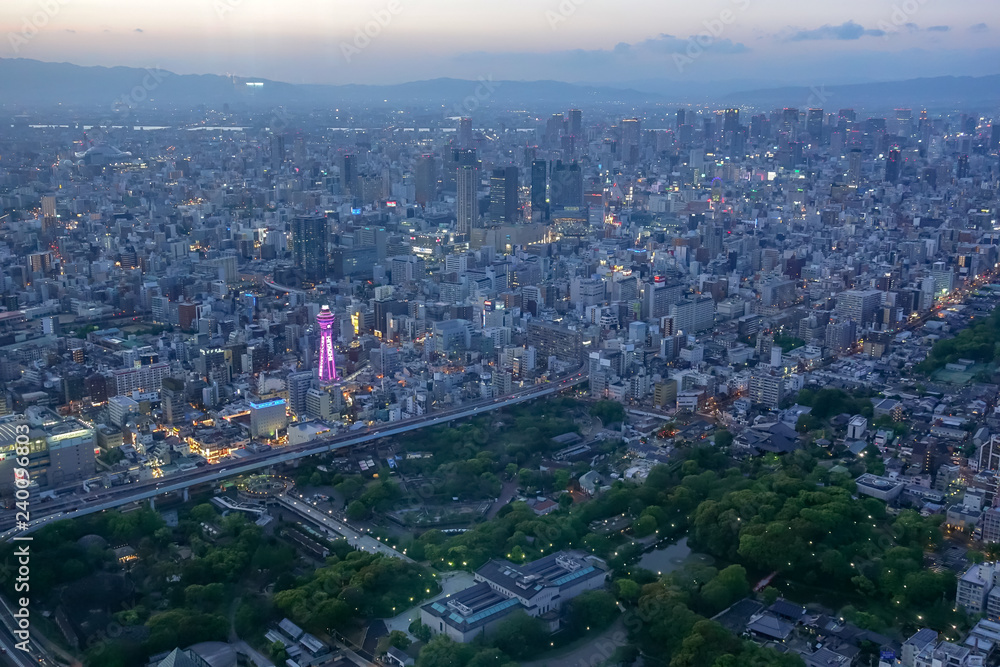 City sky view in night in Osaka