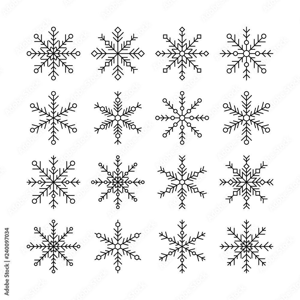 Line snowflakes icon set. Vector illustration of winter snow flakes. Isolated objects