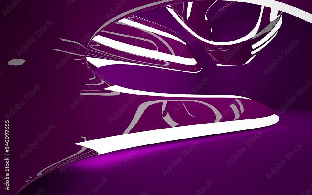Abstract interior of the future in a minimalist style with violet sculpture. Night view . Architectural background. 3D illustration and rendering Abstract interior of the future in a minimalist style with violet sculpture. Night view . Architectural background. 3D illustration and rendering