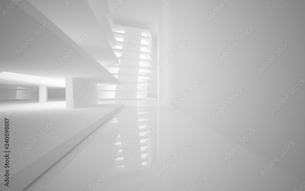 Fototapeta premium Abstract white interior of the future, with neon lighting. 3D illustration and rendering