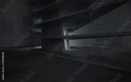 Empty dark abstract concrete room interior. Architectural background. Night view of the illuminated. 3D illustration and rendering