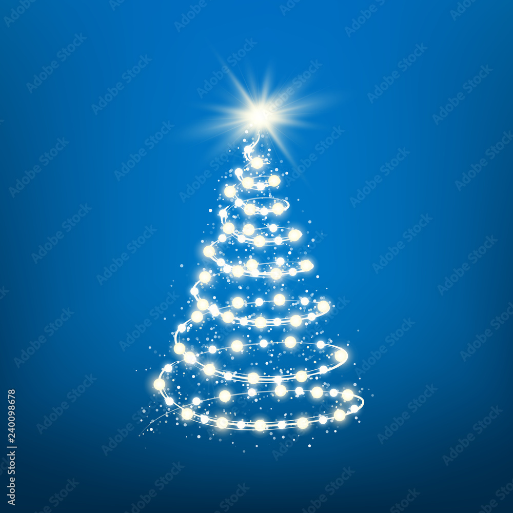New Year Tree silhouette made of Christmas lights on blue background. Magic Chistmas holiday background. Vector illustration New Year Tree silhouette made of Christmas lights on blue background. Magic Chistmas holiday background. Vector illustration