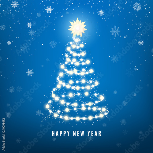 New Year Tree silhouette made of Christmas lights on blue background. Magic Chistmas snowfall background. Vector illustration