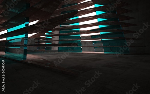 Empty abstract room interior of sheets rusted metal and gray concrete with blue glass. Architectural background. Night view of the illuminated. 3D illustration and rendering