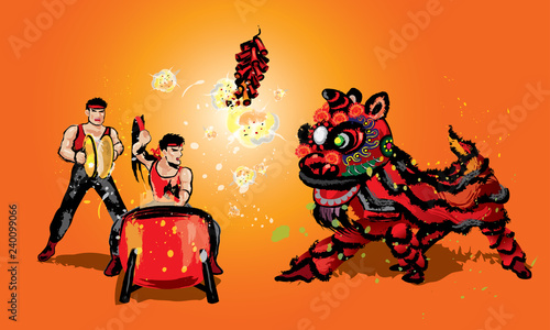 A squatting Chinese lion, firecrackers and a team playing drums and cymbals. In various colors and presented in splashing ink drawing style. Vector. 
