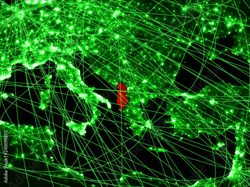Albania on green map with networks. Concept of international travel, communication and technology.