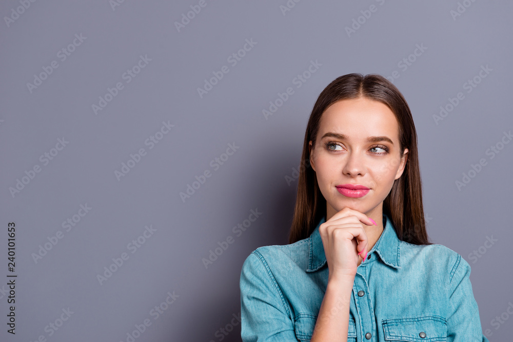 Close up portrait of attractive thinking with interest touching Close up portrait of attractive thinking with interest touching