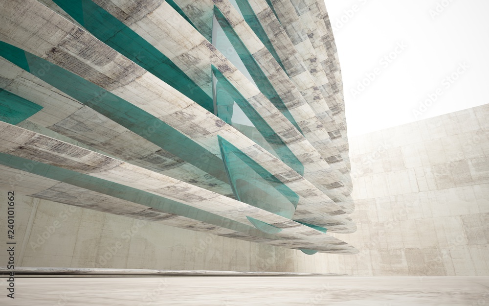 Empty dark abstract brown concrete smooth interior with wood and blue glass. Architectural background. 3D illustration and rendering