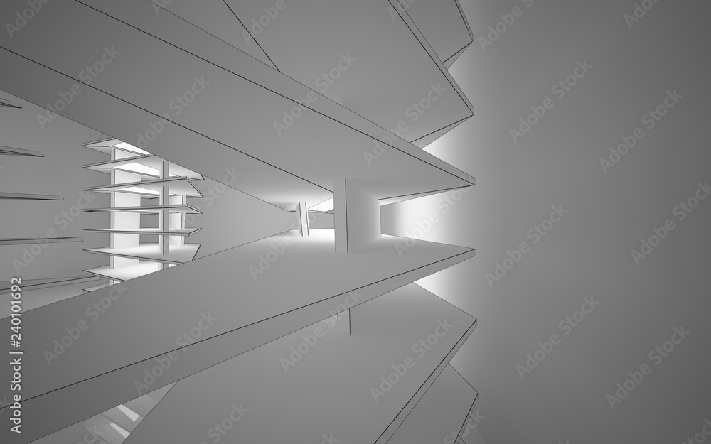 Obraz premium Abstract white interior highlights future. Polygon black drawing. Architectural background. 3D illustration and rendering