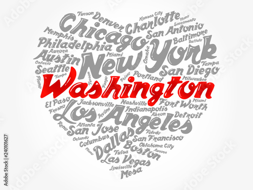 List of cities and towns in USA composed in love sign heart shape, word cloud collage, business and travel concept background