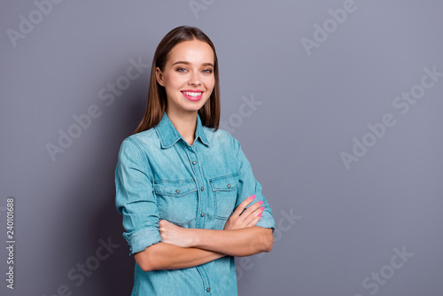 Close up portrait of crossed hands smiling standing young woman 