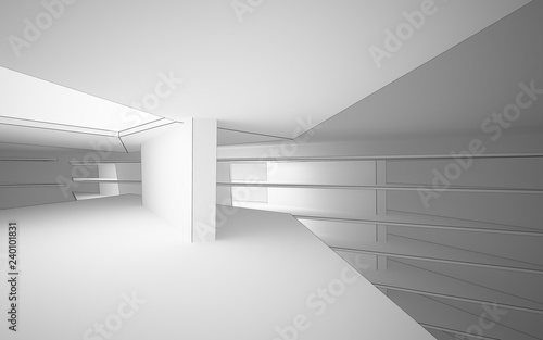 Abstract white interior highlights future. Polygon black drawing. Architectural background. 3D illustration and rendering