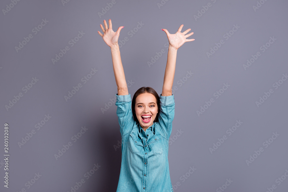 Close up portrait of shouting in happiness smiling with raised p Close up portrait of shouting in happiness smiling with raised p