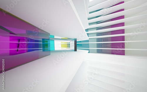 abstract architectural interior with white sculpture and geometric gradient glass box. 3D illustration and rendering