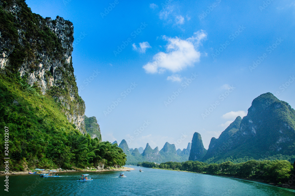 Beautiful mountains and river scenery with blue sky, Yangshuo, China. Beautiful mountains and river scenery with blue sky, Yangshuo, China.