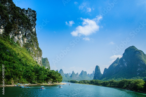 Beautiful mountains and river scenery with blue sky, Yangshuo, China.