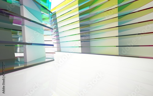 abstract architectural interior with gradient geometric glass sculpture. 3D illustration and rendering