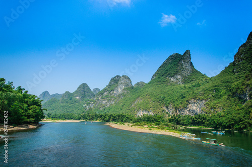 Beautiful mountains and river scenery with blue sky, Yangshuo, China.