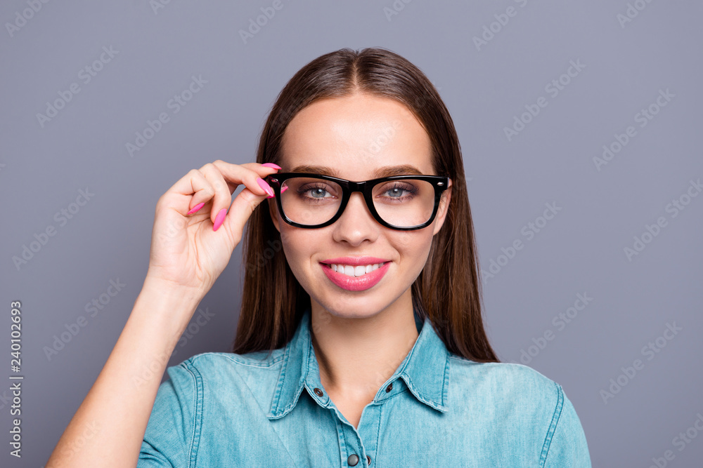 Close up portrait of self-confident adjusting cute her she young Close up portrait of self-confident adjusting cute her she young