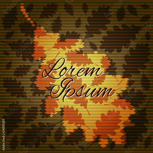 Yellow and orange stylized oak leaves on a dark olive background. Vector illustration for design of autumn projects. Place for text - suitable for invitations and greeting cards