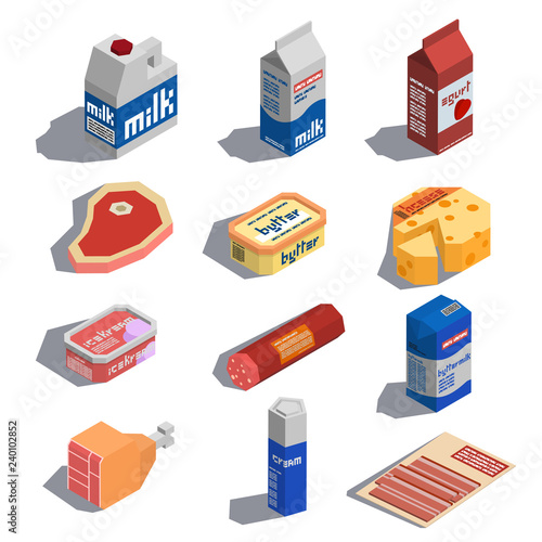 Farming food from cow and milk icons set. Isometric 3d vector icons set for web isolated on white background.