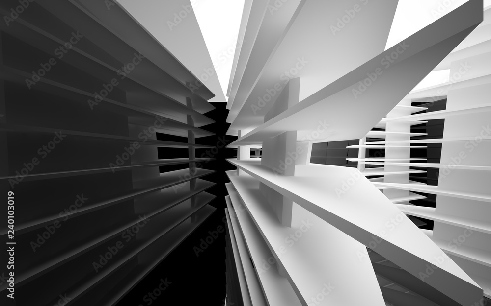 Obraz premium Abstract white interior of the future, with glossy black wall and floor. 3D illustration and rendering
